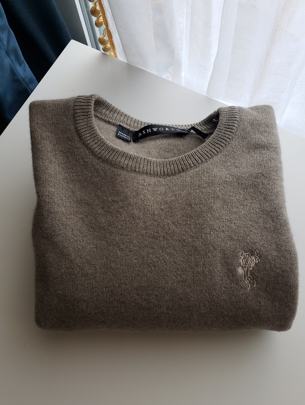 Ashworth Men's Angora /Wool Crewneck Sweater in Taupe Made In Scotland